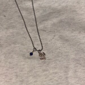 Silver Cactus Pendant Necklace with Blue Charm